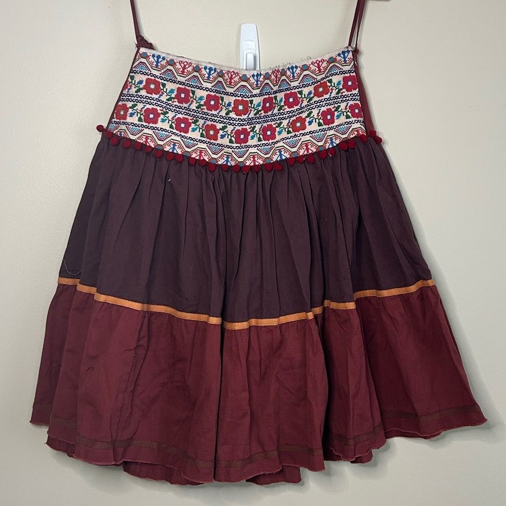 Anthropologie x Raga Floral Embroidered Waist Red A-Line Skirt Size Medium